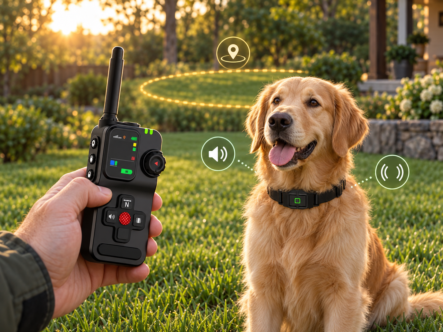F700 controller used for sound and vibration guidance with a dog wearing the receiver collar