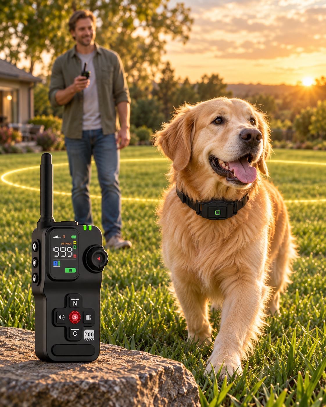 Golden retriever wearing the F700 receiver collar in a backyard GPS boundary