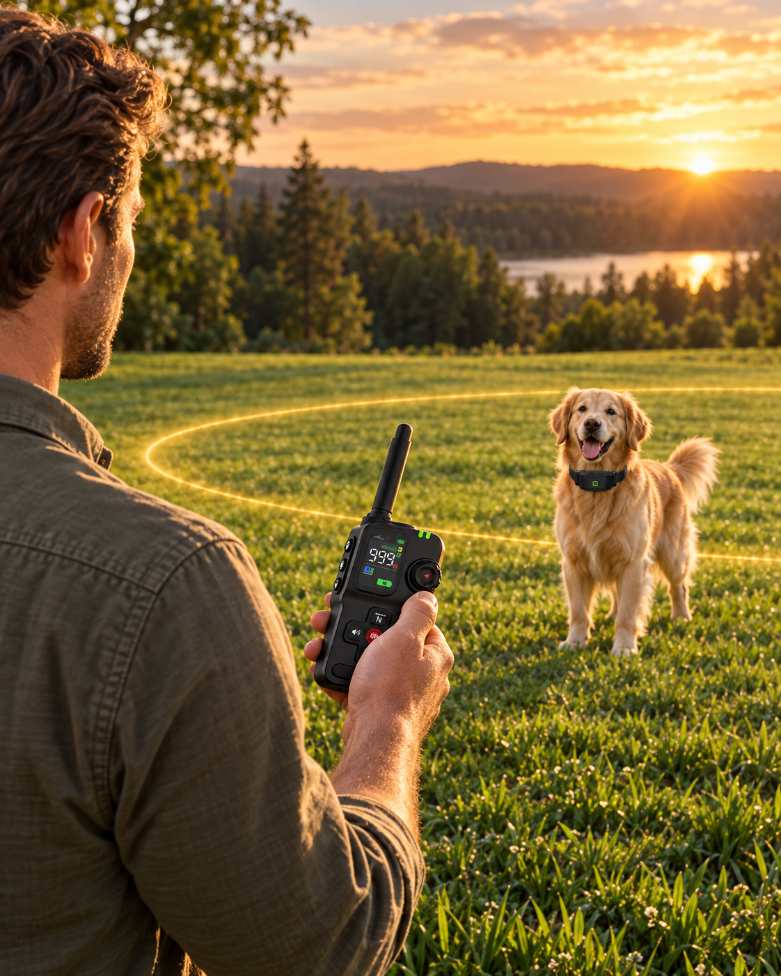 Owner setting an F700 GPS circular boundary in an open outdoor space