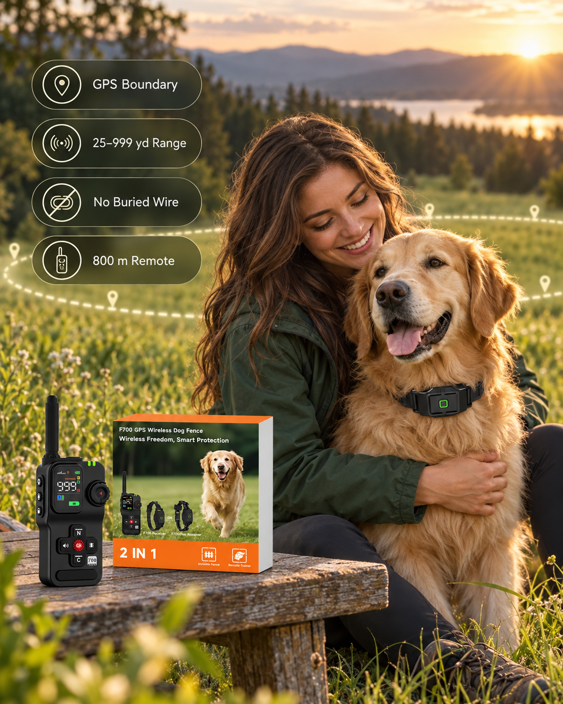 Dog owner and golden retriever outdoors with F700 collar
